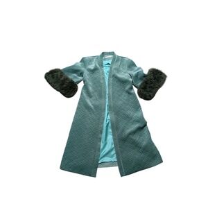 Traffic People Teal Quilted Velvet Coat Faux Fur Cuffs Open Front XS
